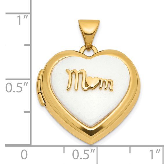 14K Polished White Agate MOM Script 18mm Heart Locket