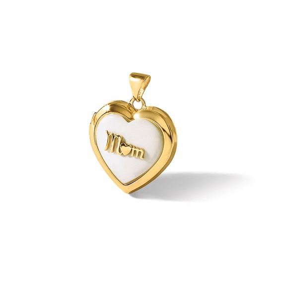 14K Polished White Agate MOM Script 18mm Heart Locket