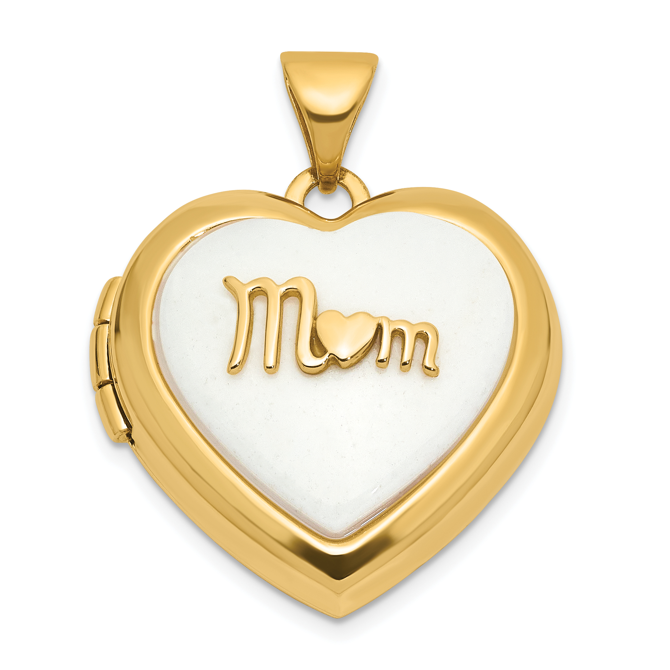 14K Polished White Agate MOM Script 18mm Heart Locket (XL860)
