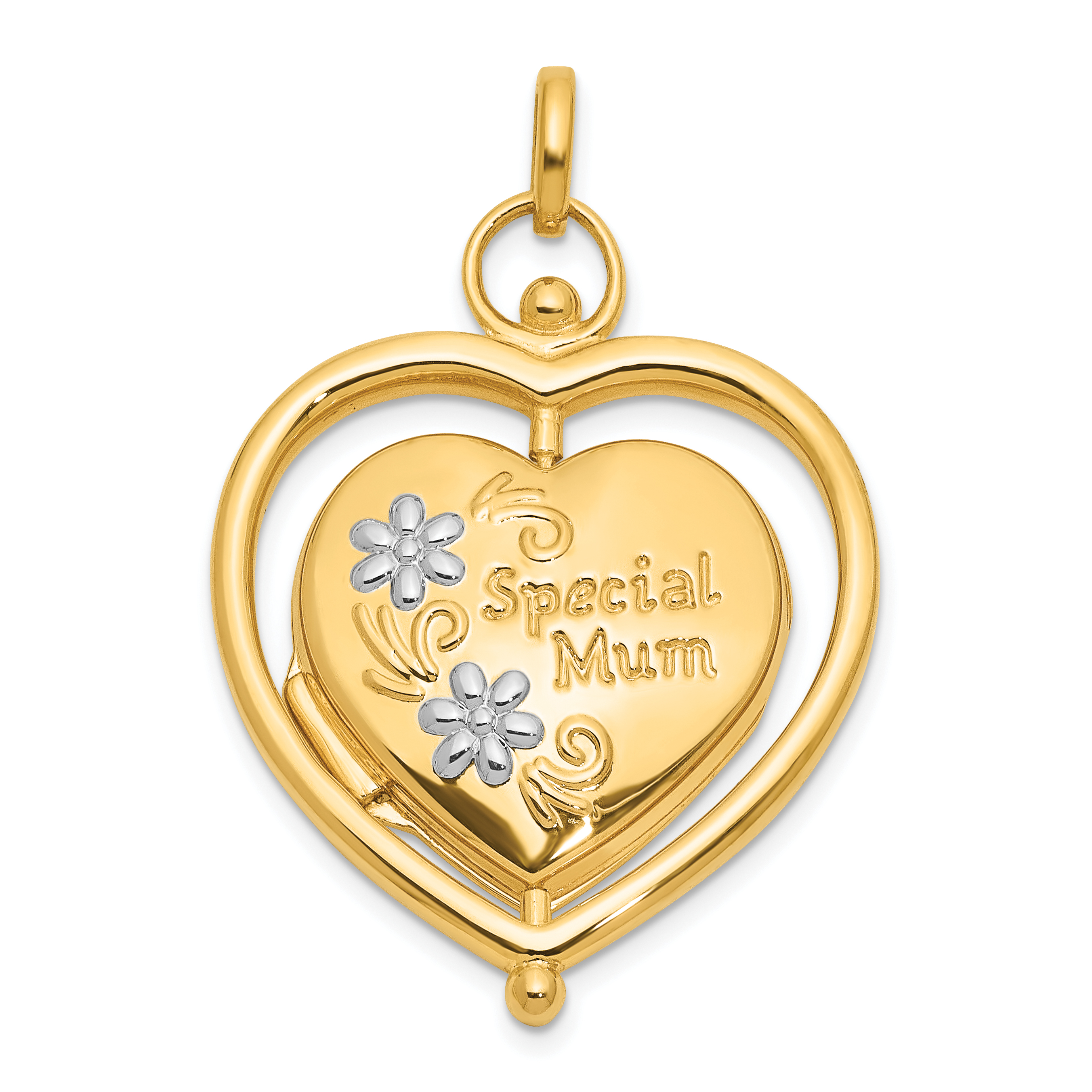 14K and White Rhodium Floral SPECIAL MUM and Tree in Spinning Frame Reversible 15mm Heart Locket (XL861)