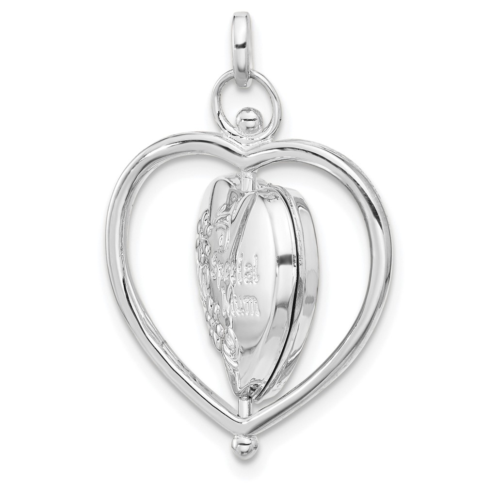 14K White Gold Floral SPECIAL MUM and Tree in Spinning Frame Reversible 15mm Heart Locket (XL861W)