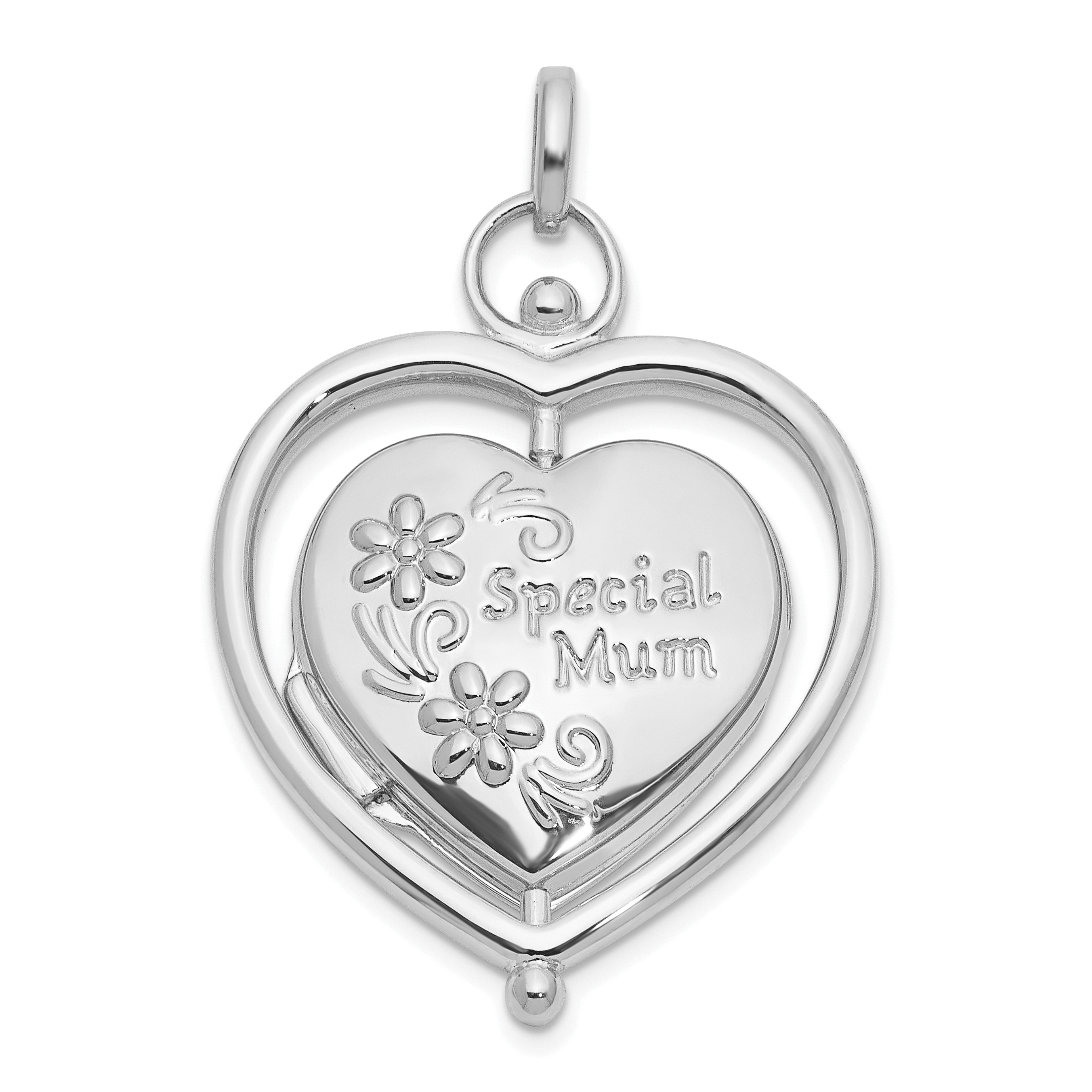 14K White Gold Floral SPECIAL MUM and Tree in Spinning Frame Reversible 15mm Heart Locket (XL861W)