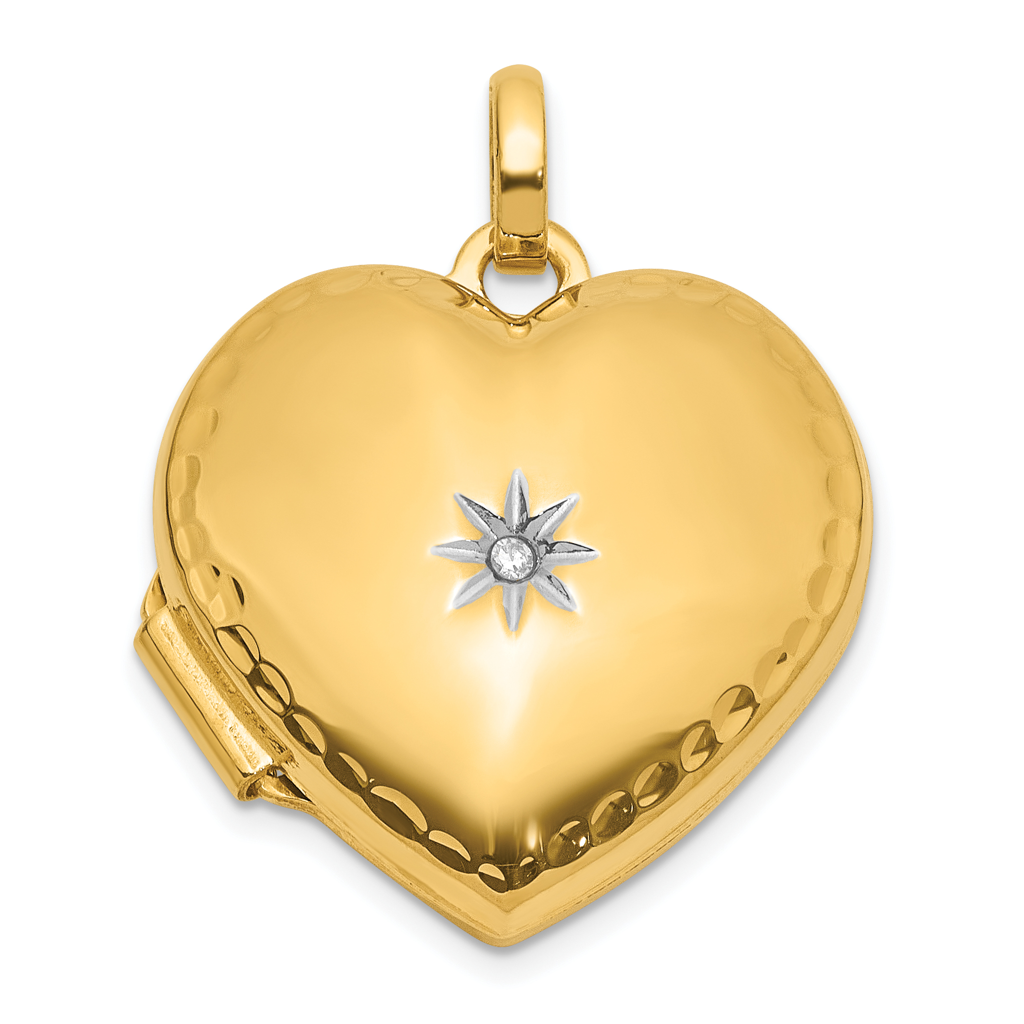 14K and White Rhodium Polished and Textured Diamond 15mm Heart Locket (XL863)