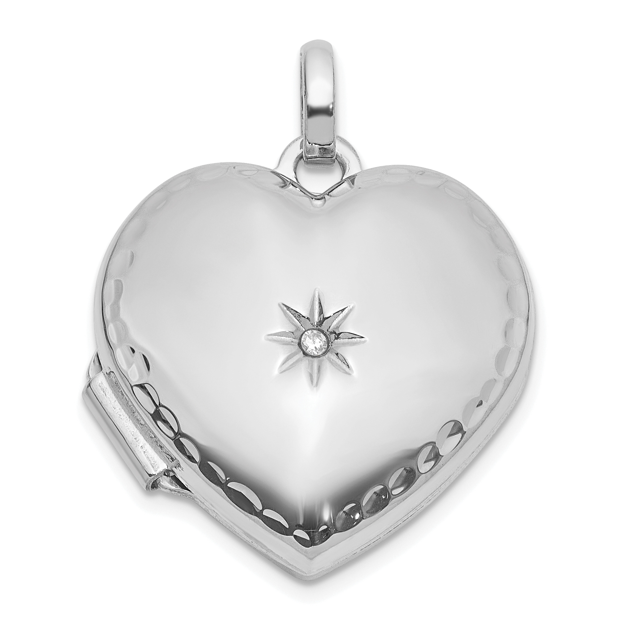 14k White Gold Polished and Textured Diamond 15mm Heart Locket (XL863W)