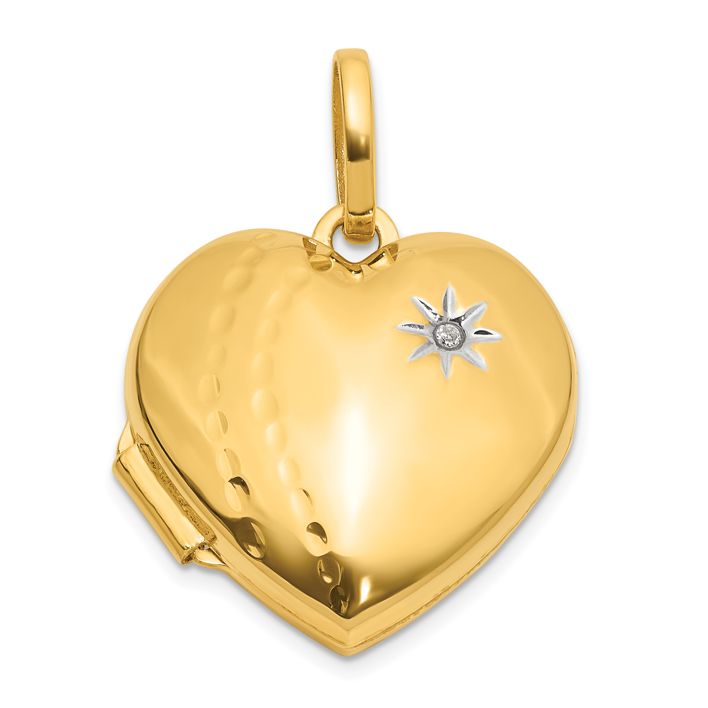 14K and White Rhodium Polished and Textured Diamond 18mm Heart Locket (XL864)
