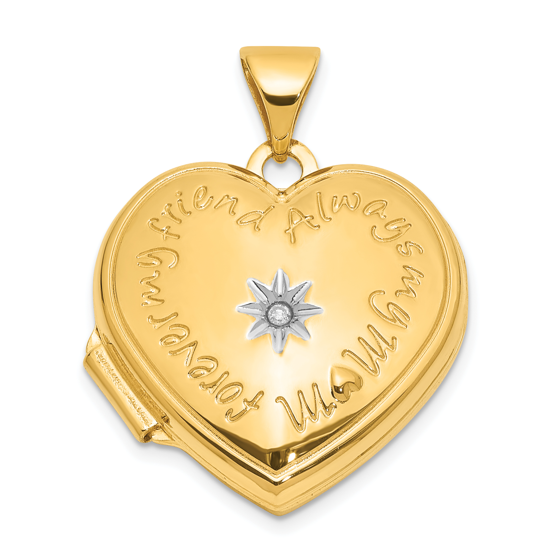 14K and White Rhodium Diamond Star FOREVER MY FRIEND ALWAYS MY MOM 18mm Heart Locket (XL865)