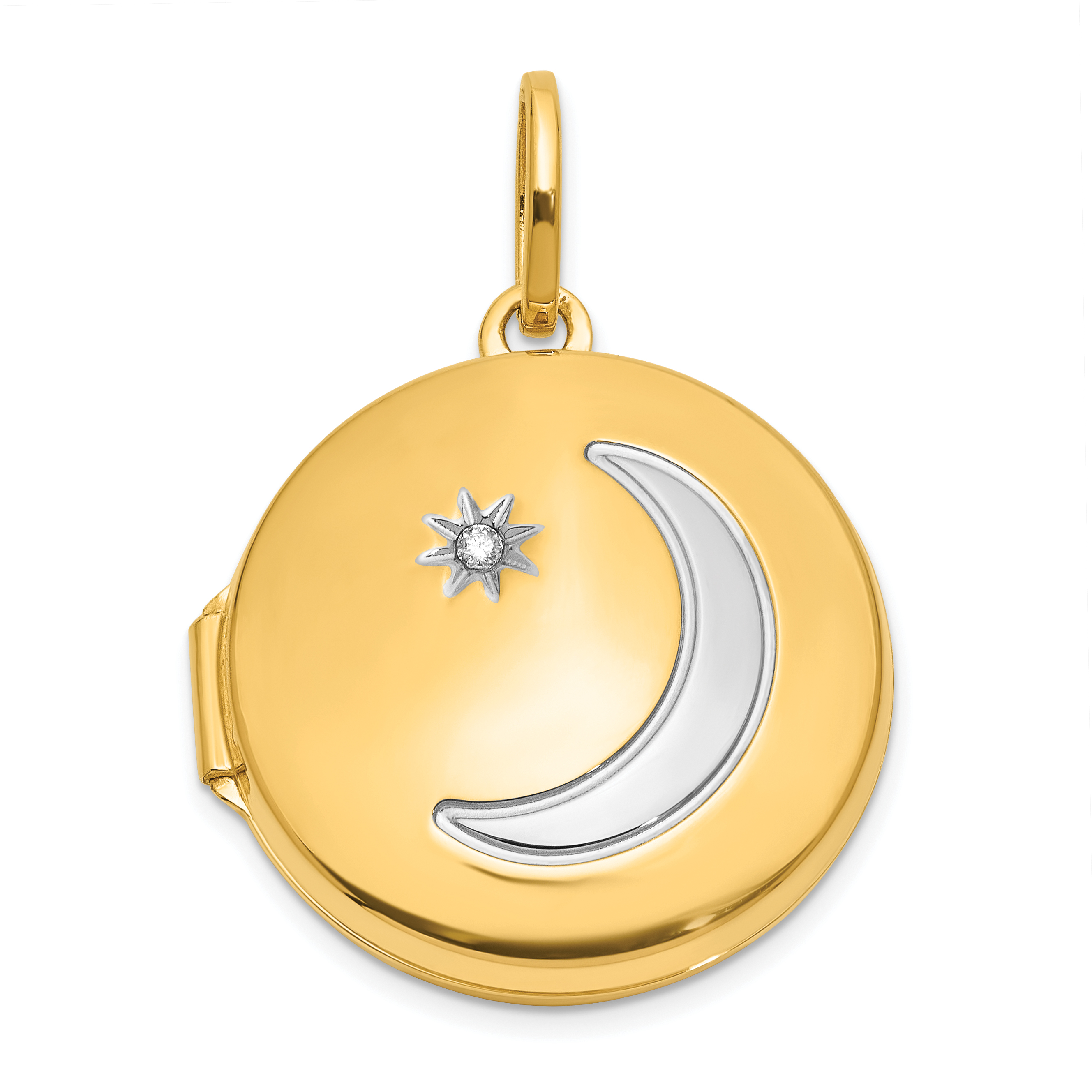 14K with White Rhodium Diamond Star and Moon 20mm Round Locket (XL867)