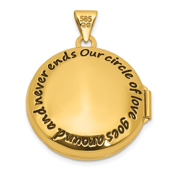 14k and White Rhodium OUR CIRCLE OF LOVE GOES AROUND AND NEVER ENDS Black Oil Reversible 20mm Round Locket