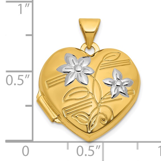 14k and White Rhodium Polished Flowers 18mm Heart Locket