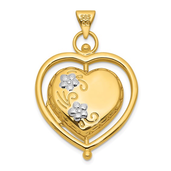 14k and White Rhodium Tree of  Life and Flowers in Spinning Frame Reversible 15mm Heart Locket