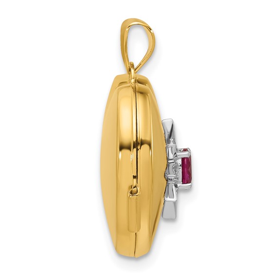 14k and White Rhodium Starburst and Round Lab Created Ruby 18mm Heart Locket