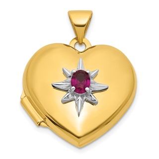 14k and White Rhodium Starburst and Round Lab Created Ruby 18mm Heart Locket