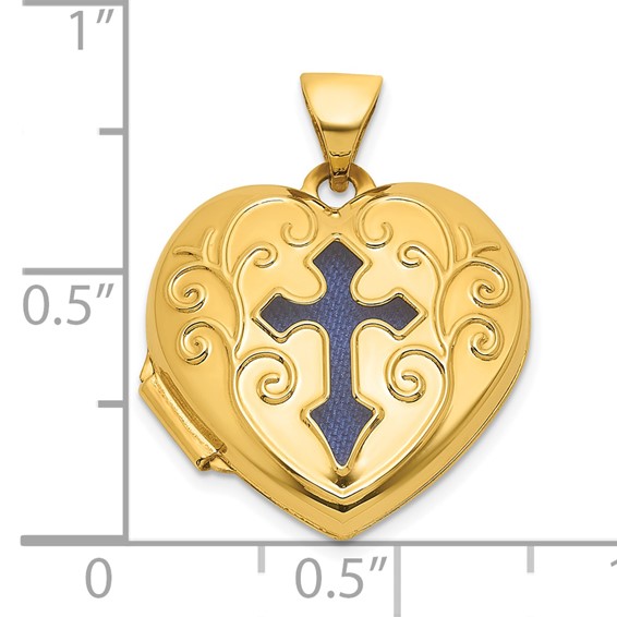 14k Polished Open Cross with Blue Fabric Interior 18mm Scrolled Heart Locket