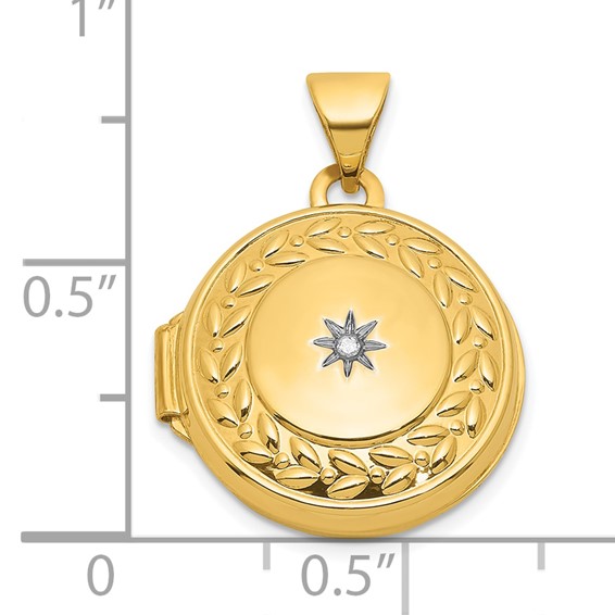 14k Polished Half Point Diamond Leaf Border 16mm Round Locket