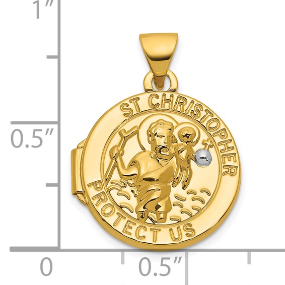 14k and White Rhodium Polished Saint Christopher Protect Us 16mm Round Locket