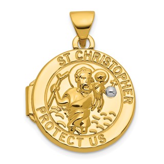 14k and White Rhodium Polished Saint Christopher Protect Us 16mm Round Locket