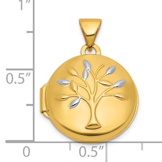 14k and White Rhodium Polished Tree Of Life 16mm Round Locket