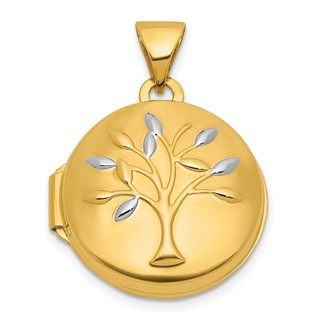 14k and White Rhodium Polished Tree Of Life 16mm Round Locket