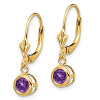 14K 5mm Round Amethyst Bezel Leverback Dangle Earrings view 2