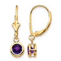 14K 5mm Round Amethyst Bezel Leverback Dangle Earrings view 1