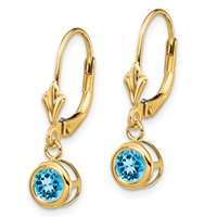 14K 5mm Yellow Gold Round Blue Topaz Bezel Leverback Dangle Earrings view 2
