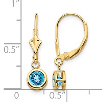 14K 5mm Yellow Gold Round Blue Topaz Bezel Leverback Dangle Earrings view 4