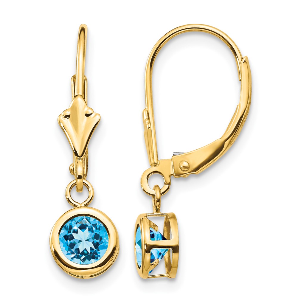 14K 5mm Yellow Gold Round Blue Topaz Bezel Leverback Dangle Earrings