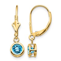 14K 5mm Yellow Gold Round Blue Topaz Bezel Leverback Dangle Earrings view 1