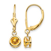 14K 5mm Yellow Gold Round Citrine Bezel Leverback Dangle Earrings view 1