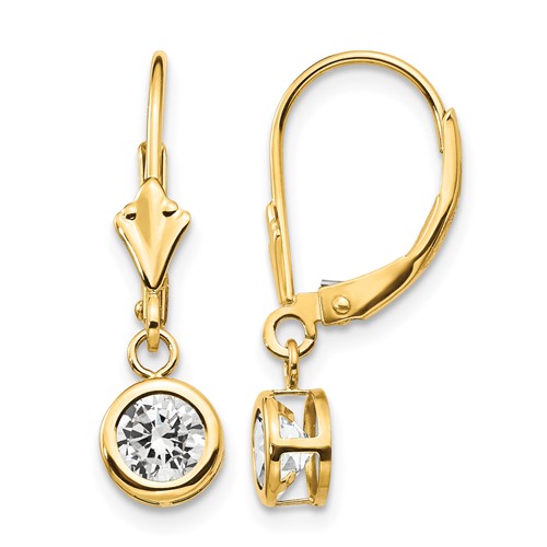 14K 5mm Yellow Gold Round Cubic Zirconia Bezel Leverback Dangle Earrings