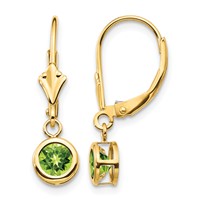 14K 5mm Yellow Gold Round Peridot Bezel Leverback Dangle Earrings view 1