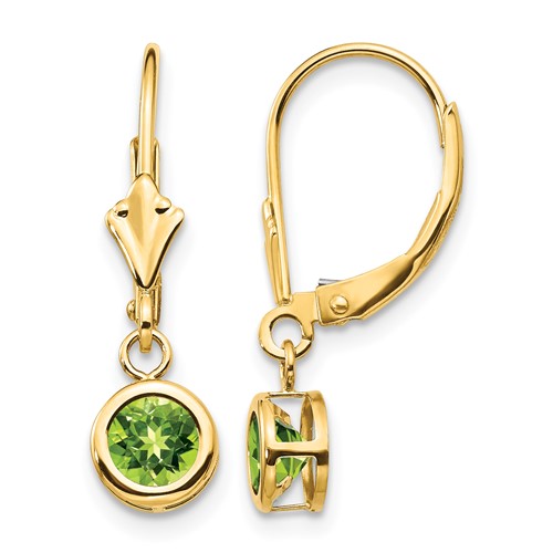 14K 5mm Yellow Gold Round Peridot Bezel Leverback Dangle Earrings