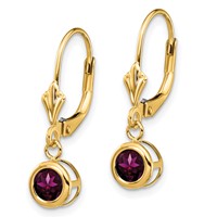 14K 5mm Yellow Gold Round Rhodolite Garnet Bezel Leverback Dangle Earrings view 2