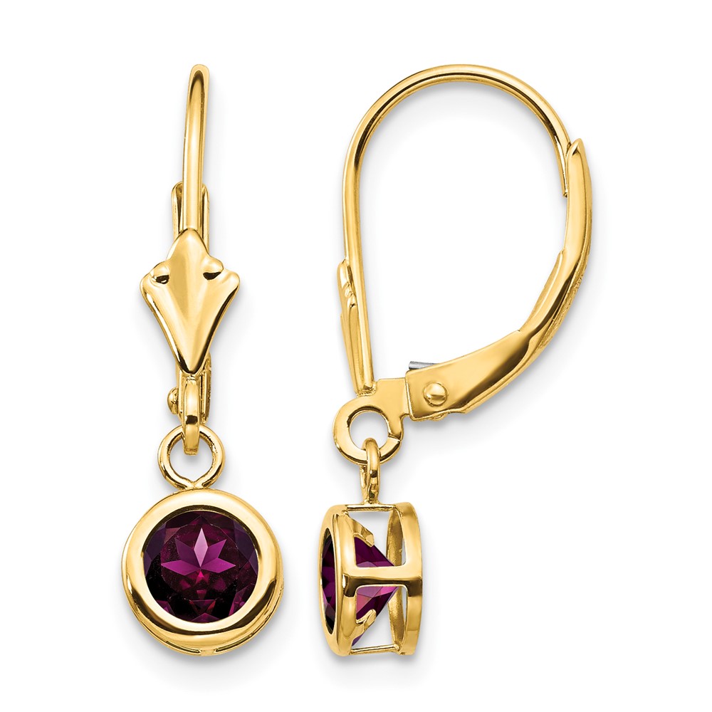 14K 5mm Yellow Gold Round Rhodolite Garnet Bezel Leverback Dangle Earrings