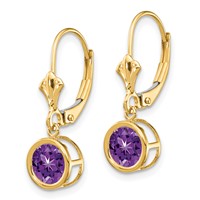 14K 6mm Yellow Gold Round Amethyst Bezel Leverback Dangle Earrings view 2