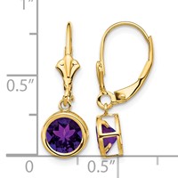 14K 6mm Yellow Gold Round Amethyst Bezel Leverback Dangle Earrings view 4
