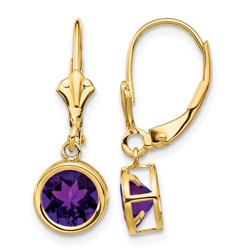14K 6mm Yellow Gold Round Amethyst Bezel Leverback Dangle Earrings