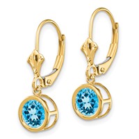 14K 6mm Yellow Gold Round Blue Topaz Bezel Leverback Dangle Earrings view 2