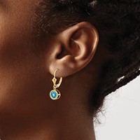 14K 6mm Yellow Gold Round Blue Topaz Bezel Leverback Dangle Earrings view 3