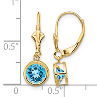 14K 6mm Yellow Gold Round Blue Topaz Bezel Leverback Dangle Earrings view 4