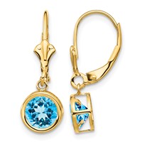 14K 6mm Yellow Gold Round Blue Topaz Bezel Leverback Dangle Earrings view 1