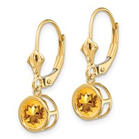 14K 6mm Yellow Gold Round Citrine Bezel Leverback Dangle Earrings view 2
