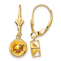 14K 6mm Yellow Gold Round Citrine Bezel Leverback Dangle Earrings view 1