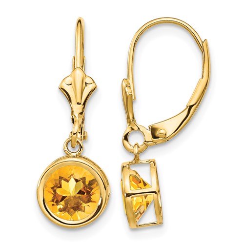14K 6mm Yellow Gold Round Citrine Bezel Leverback Dangle Earrings