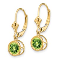 14K 6mm Yellow Gold Round Peridot Bezel Leverback Dangle Earrings view 2