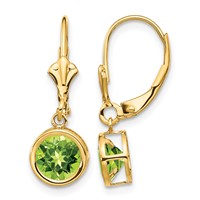14K 6mm Yellow Gold Round Peridot Bezel Leverback Dangle Earrings view 1