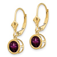 14K 6mm Yellow Gold Round Rhodolite Garnet Bezel Leverback Dangle Earrings view 2