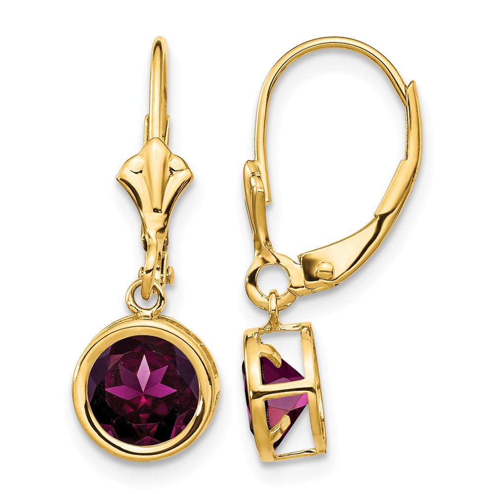 14K 6mm Yellow Gold Round Rhodolite Garnet Bezel Leverback Dangle Earrings