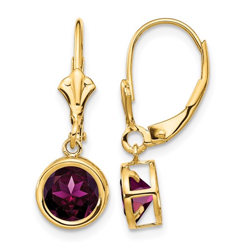 14K 6mm Yellow Gold Round Rhodolite Garnet Bezel Leverback Dangle Earrings