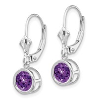 14K White Gold 6mm Round Amethyst Bezel Leverback Dangle Earrings view 2